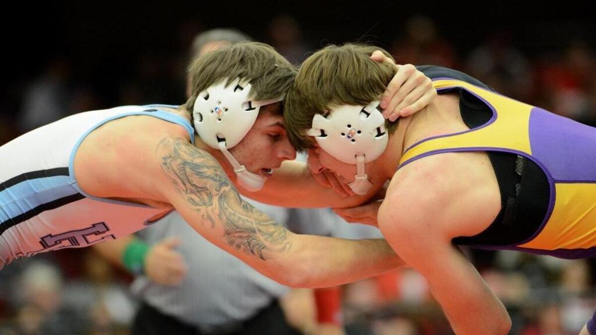 Hilton Head Island senior Talon Seitz, left, wrestles Emerald junior Thomas Newton in the SCHSL State Tournament Class 3A 170-pound title match Saturday in Anderson.