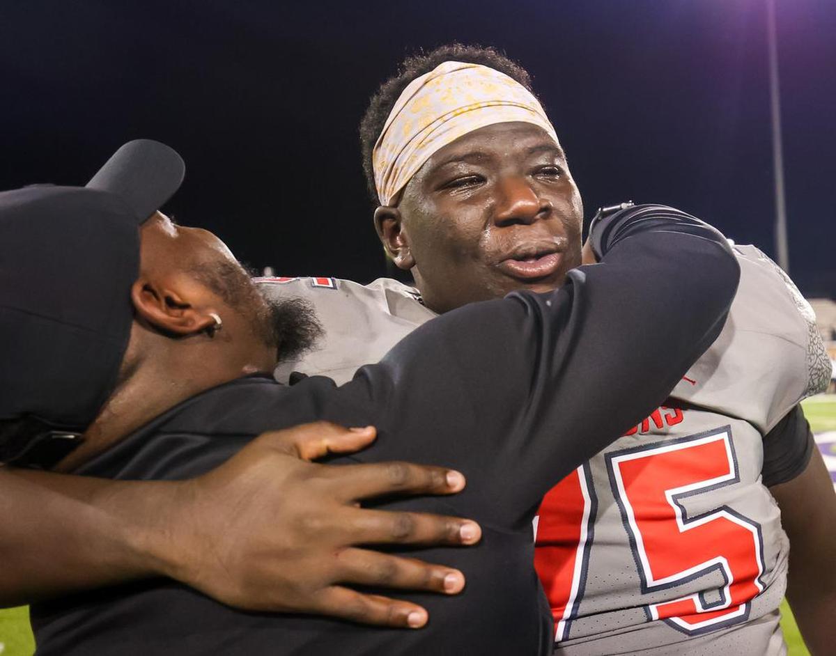 South Pointe offensive lineman Jordan McVay (75) cries tears of joy following his team’s win over the Beaufort Eagles in the Class 4A SC State Championship Game at Benedict College in Columbia, SC, Thursday night, December 2, 2021.