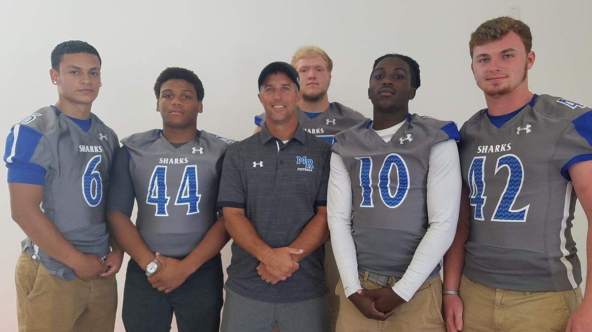 The May River High School football team poses for photo at WHHI Television Media Day on Thursday, Aug. 9, 2018. May River’s Rodney Summers was named Class 3A Lower State Coach of Year.