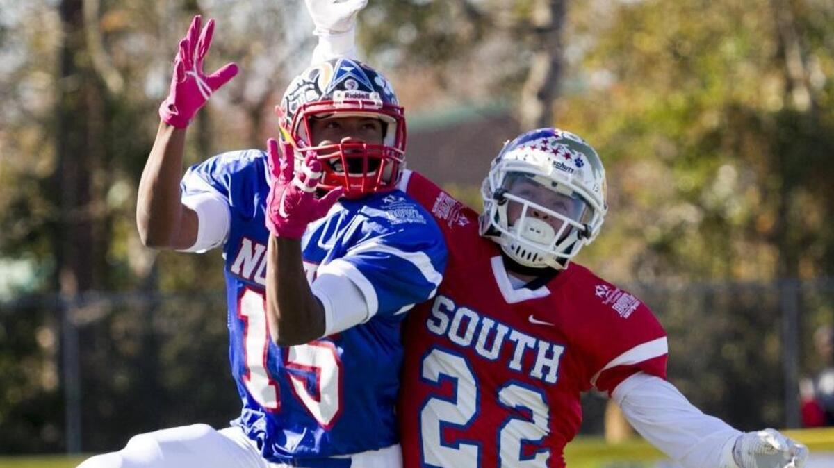 Chester wide receiver Malik Williams catches a pass in the end zone to score the first touchdown of Saturday’s North South All-Star Game.