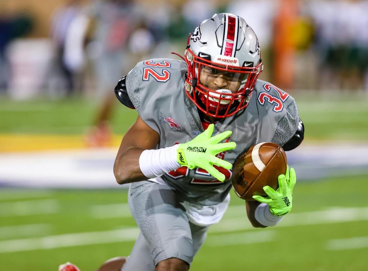 South Pointe Stallions free safety DJ Barksdale (32) makes an interception against the Beaufort Eagles in the Class 4A SC State Championship Game at Benedict College in Columbia, SC, Thursday night, December 2, 2021.