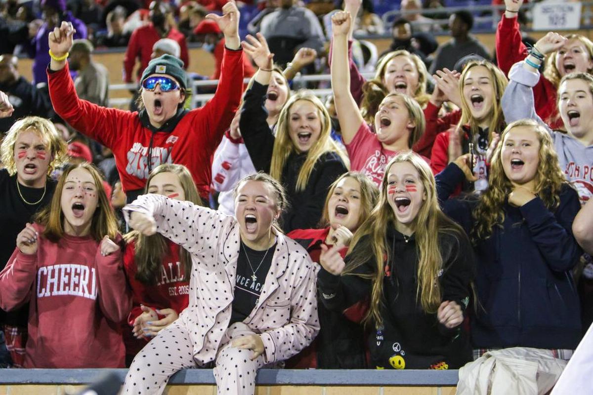 South Pointe Stallions students cheer their team against the Beaufort Eagles in the Class 4A SC State Championship Game at Benedict College in Columbia, SC, Thursday night, December 2, 2021.