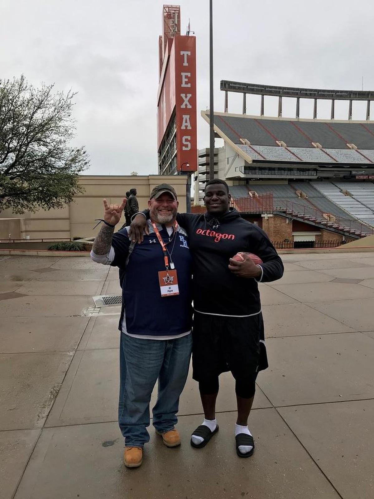Hilton Head Island football coach B.J. Payne, left, stands with former Seahawk Poona Ford at Texas University’s Pro Day on Wednesday.