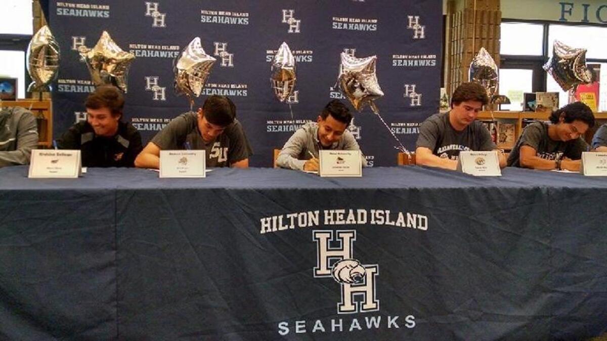 Seahawks make their college choices official. From left, Cole Brammer (lacrosse), Shane Clark (baseball), Eric Foggo (baseball), Alexander Macias (soccer), Duncan Marx (lacrosse), Jacob Monzon (soccer) and Benton Soule (lacrosse). Not pictured: Melissa Bonvissuto (crew), Brooks Dyess (golf)
