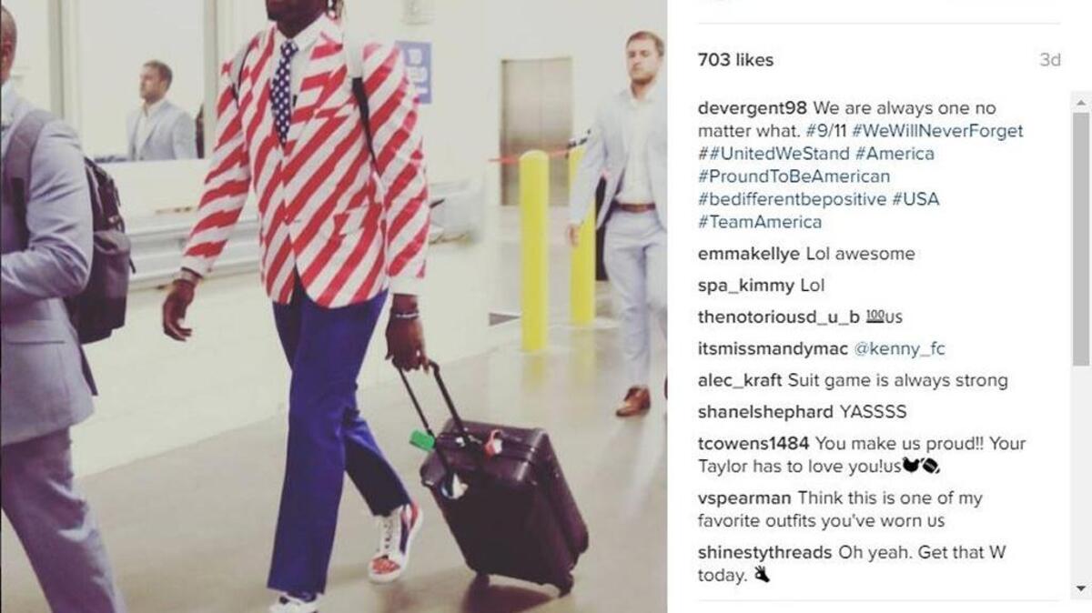 Former Beaufort High and University of South Carolina standout Devin Taylor honors his country on Sept. 11 with a flag-themed suit, shown in this Instagram post. The Lions defensive end drew attention on the field last season, when he recorded seven sacks and was voted Detroit’s most-improved player. Off the field, he’s been turning heads with his outlandish wardrobe for a while.