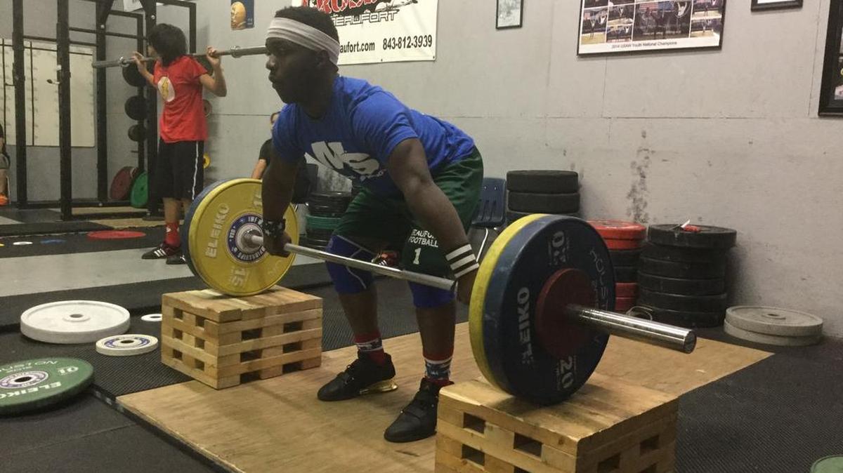 CJ Cummings prepares to lift during a recent workout at Crossfit in Beaufort.