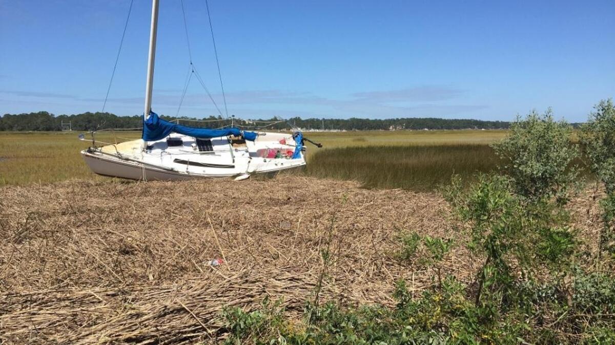 A boat is beached on Hilton Head Island by Hurricane Matthew.