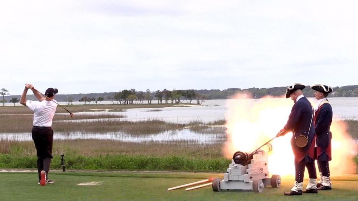 Defending champion Jim Furyk drives a ceremonial shot into Calibogue Sound during the opening ceremonies of the 2016 RBC Heritage Presented by Boeing at the 18th hole of Harbour Town Golf Links in Sea Pines on Hilton Head Island.