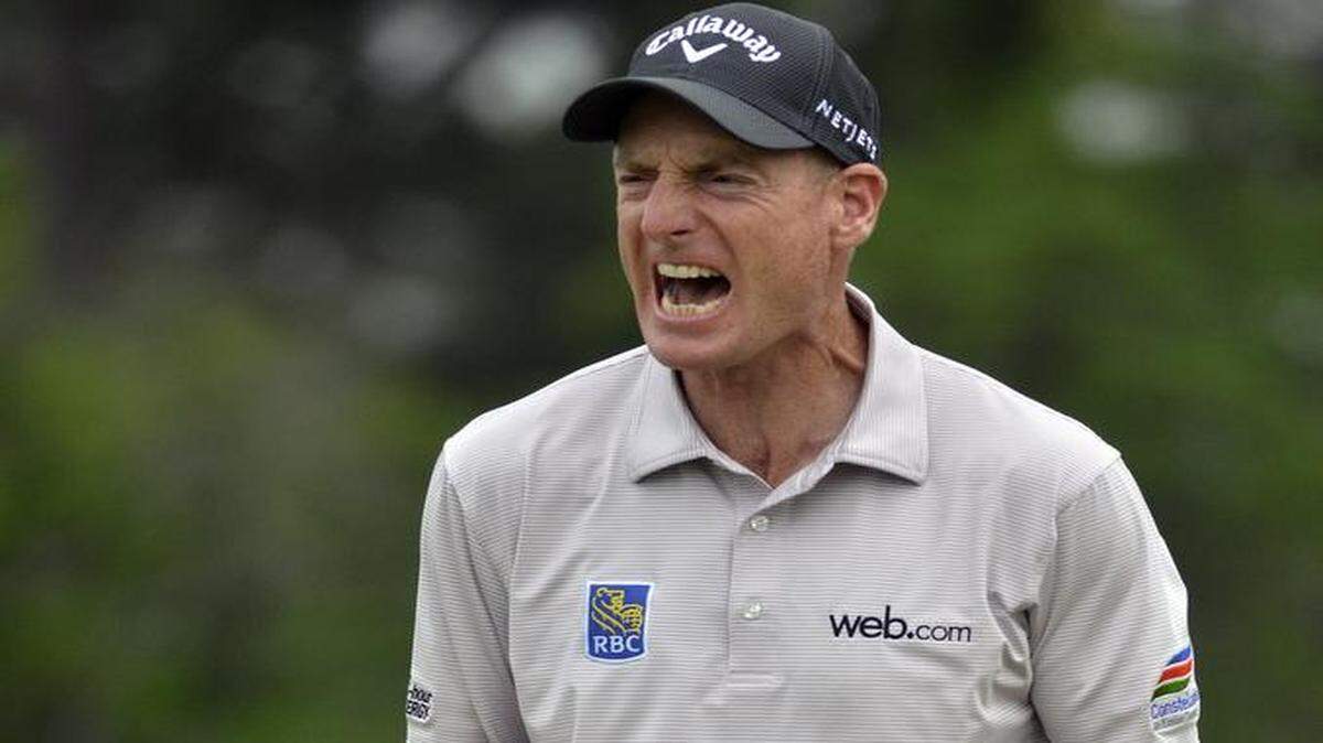 Jim Furyk celebrates after making his putt in the sudden death playoff against Kevin Kisner on the green on the 17th hole during the final round of the RBC Heritage Presented by Boeing on Sunday at Harbour Town Golf Links in Sea Pines on Hilton Head Island S.C.