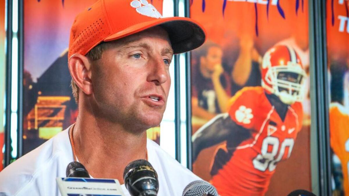 Clemson head coach Dabo Swinney spoke with the media before the Tigers held their first practice of the season. They are playing in the ACC Championship game on Saturday.