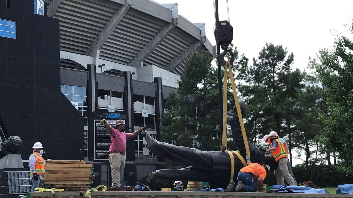 The statue of former Carolina Panthers owner Jerry Richardson was taken down in front of Bank of America Stadium this week.